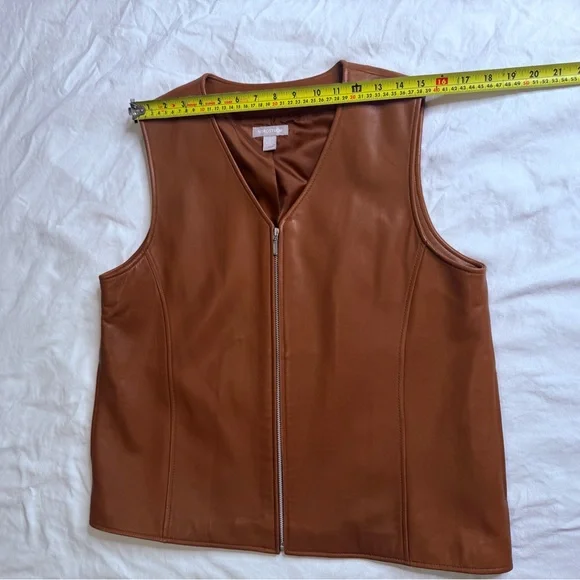 Nordstrom Genuine Lambskin Leather Zip Vest Brown Tan Lined Minimalist Y2K Large - Picture 9 of 10
